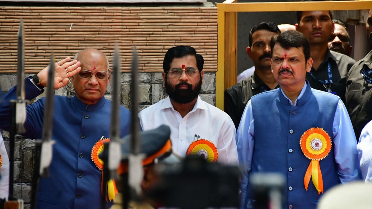 Maharashtra Governor Ramesh Bais with state CM Eknath Shinde and Dy CM Devendra Fadnavis pays tributes to BR Ambedkar on his birth anniversary. Credit: PTI Photo