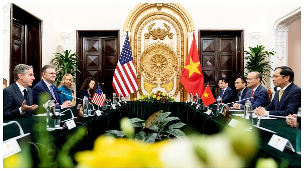 US Secretary of State Antony Blinken, left, speaks during a meeting with Vietnam's Foreign Minister Bui Thanh Son, right, at the Government Guest House in Hanoi, Vietnam. Credit: Reuters Photo