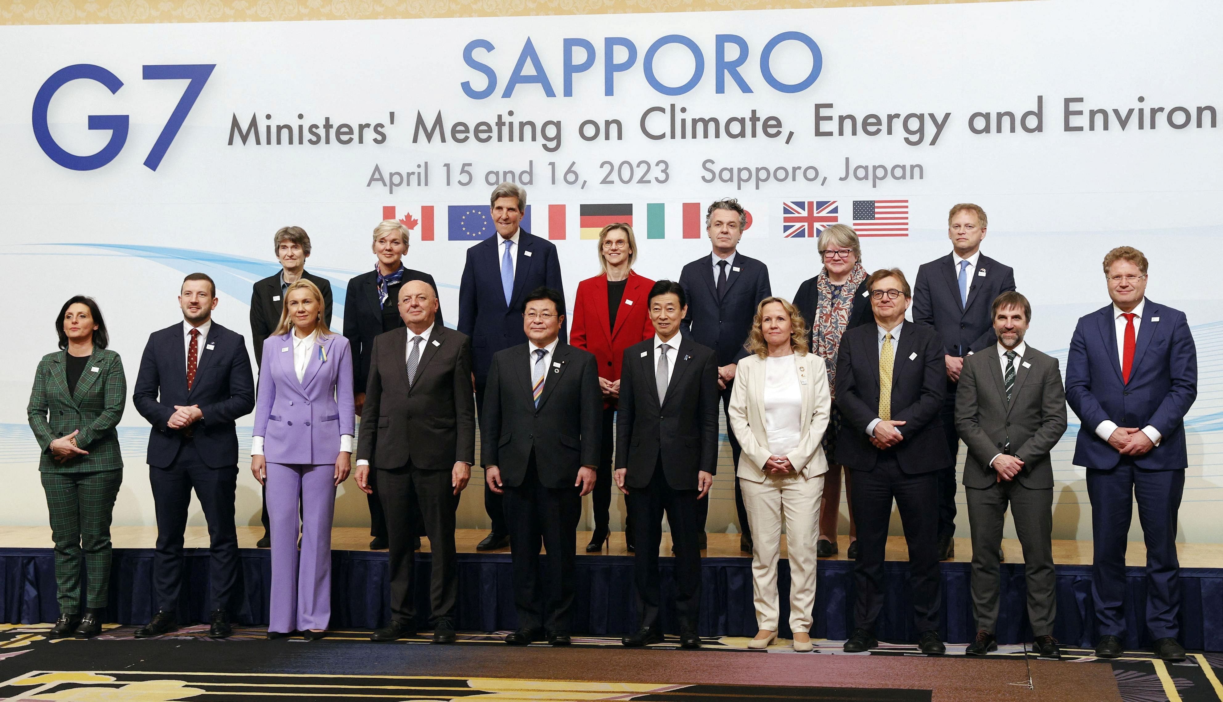 Japan's Minister of Economy, Trade and Industry Yasutoshi Nishimura, Environment Minister Akihiro Nishimura and other delegates attend the photo session of G7 Ministers' Meeting on Climate, Energy and Environment. Credit: Reuters Photo