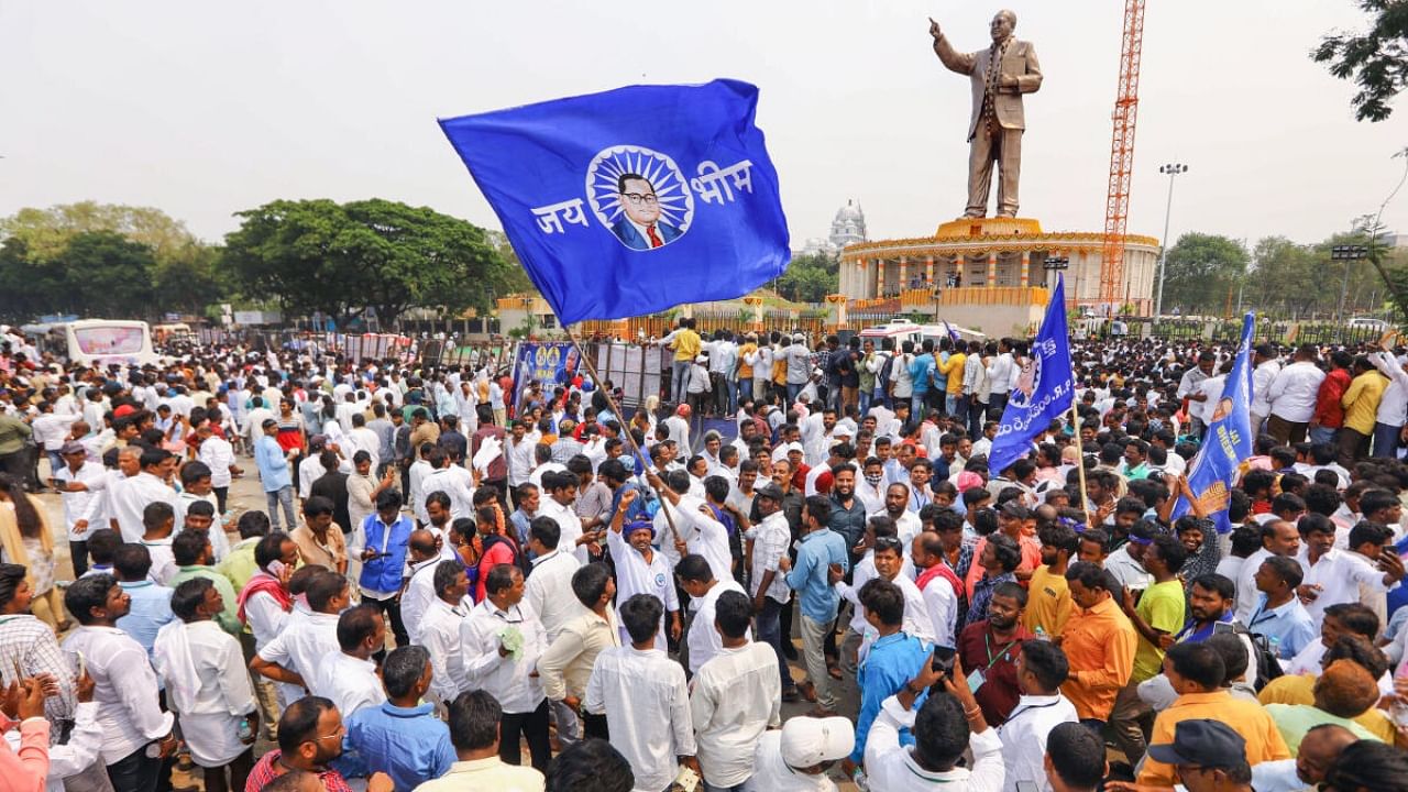 People gather for the unveiling ceremony of a 125ft statue of BR Ambedkar on the occasion of his birth anniversary, in Hyderabad, Friday, April 14, 2023. Credit: PTI Photo