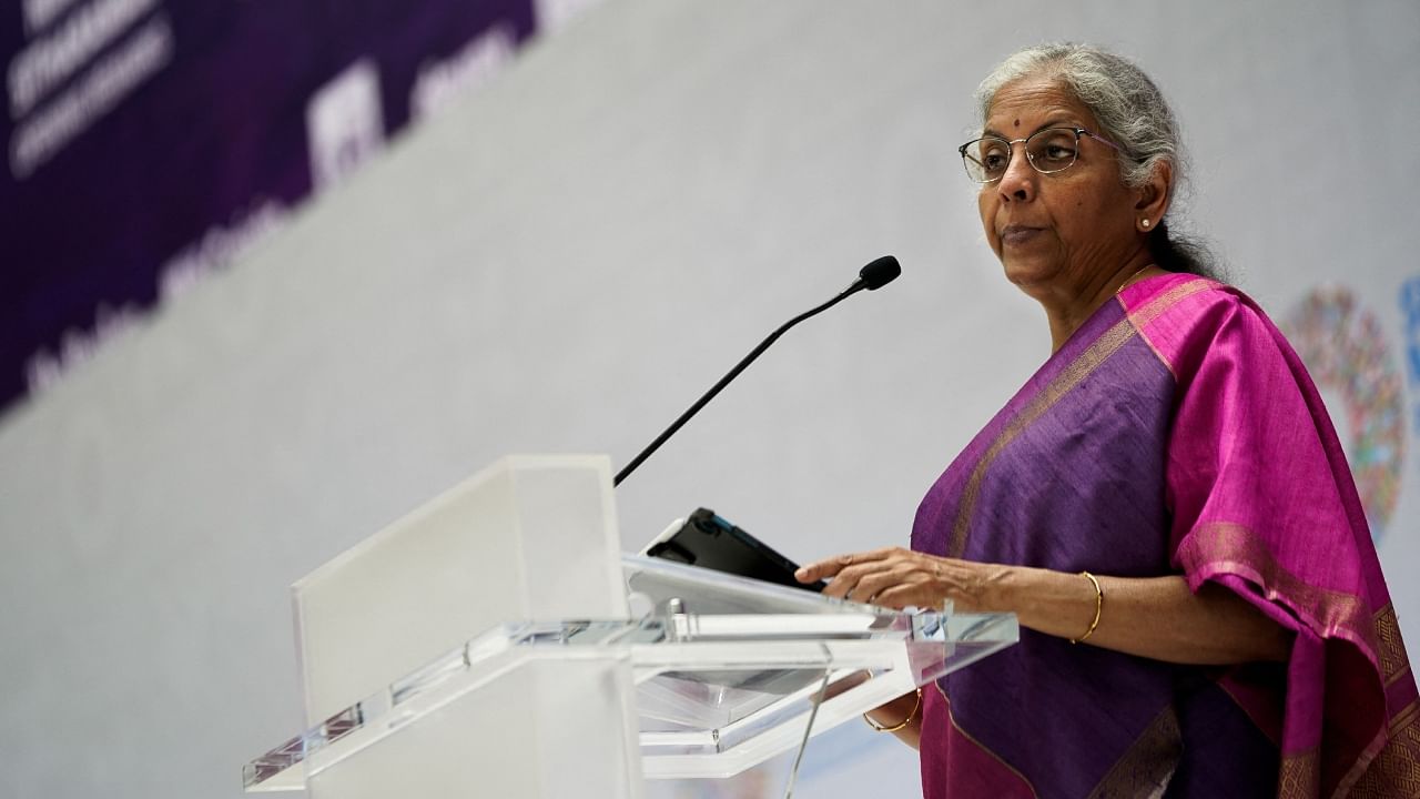 Finance Minister Nirmala Sitharaman delivers opening remarks during a panel titled “Digital Public Infrastructure: Stacking Up the Benefits” at the 2023 Spring Meetings of the World Bank Group and the International Monetary Fund in Washington, US, April 14, 2023. Credit: Reuters Photo
