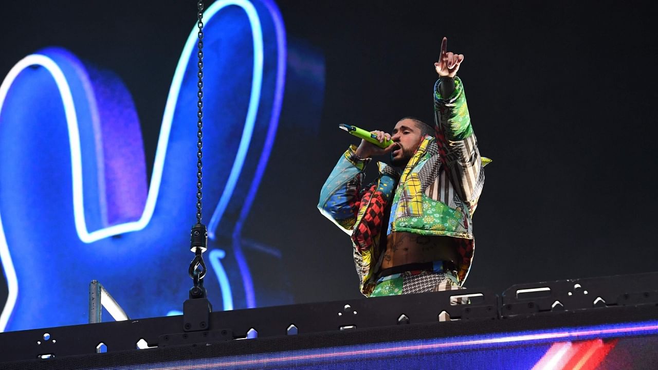 Puerto Rican singer Bad Bunny performs during the first week-end of Coachella Valley Music and Arts Festival in Indio, California, on April 14, 2023. Credit: AFP Photo