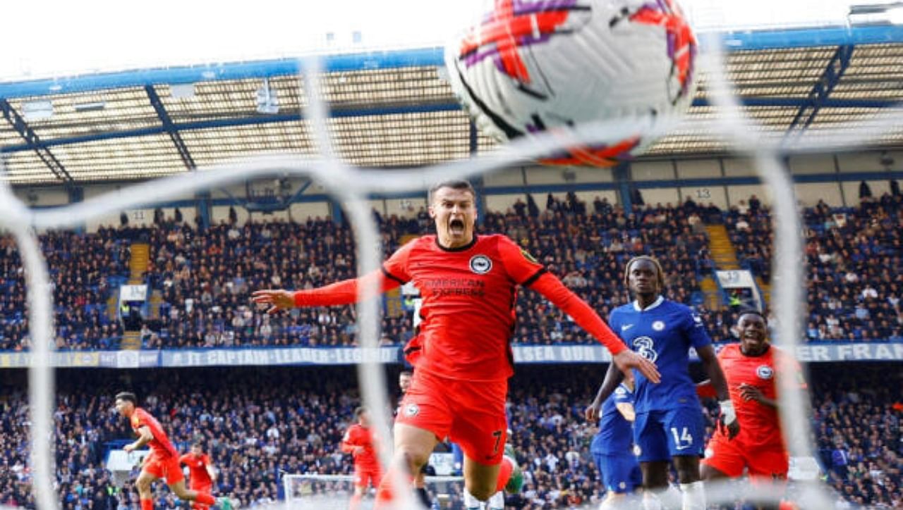 Brighton & Hove Albion's Solly March celebrates after Julio Enciso scores their second goal. Credit: Reuters Photo