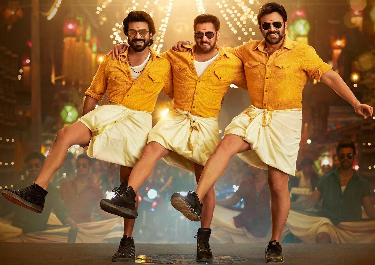 In ‘Yentamma’, a song from the upcoming film ‘Kisi Ka Bhai Kisi Ki Jaan’, Salman Khan, Ram Charan, and Venkatesh shake a leg inside a temple, wearing boots. Pic: Twitter/RamCharan