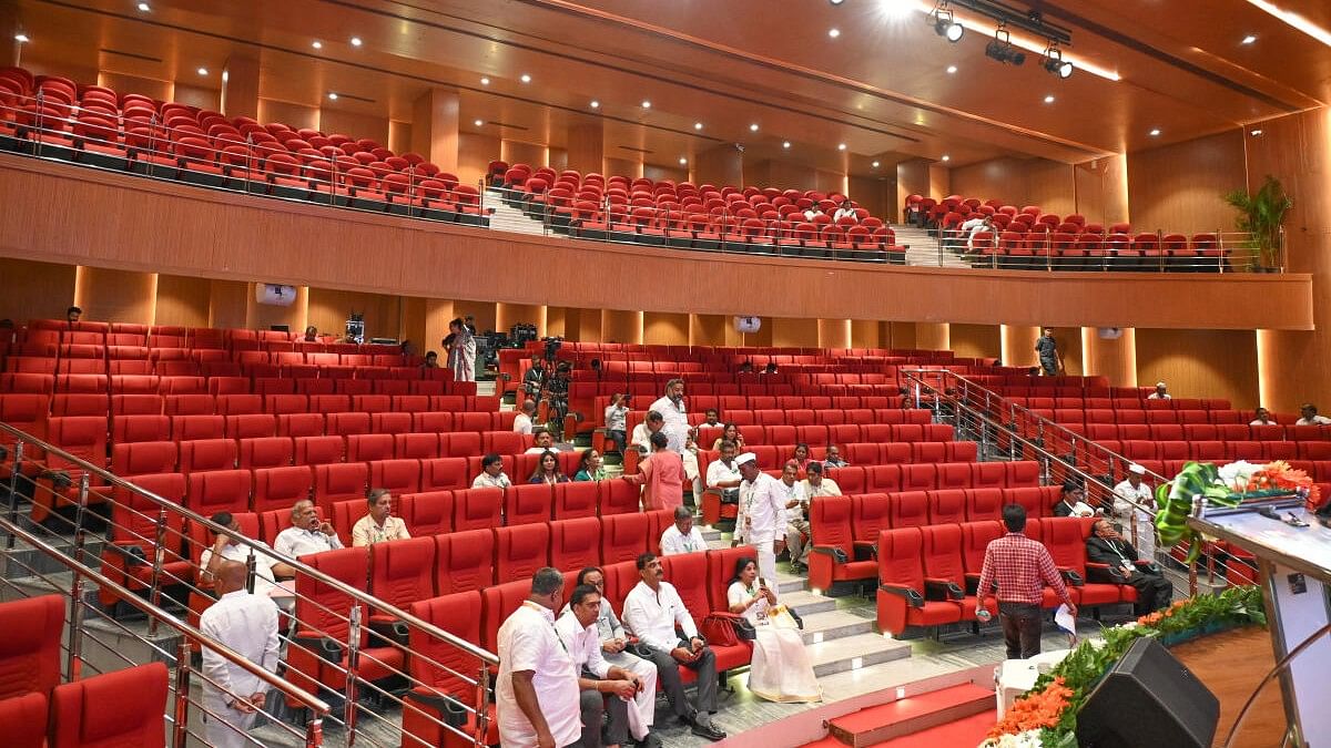 The interiors of Bharath Jodo auditorium inaugurated by Congress leader Rahul Gandhi in Bengaluru on Sunday. DH Photo/ S K Dinesh