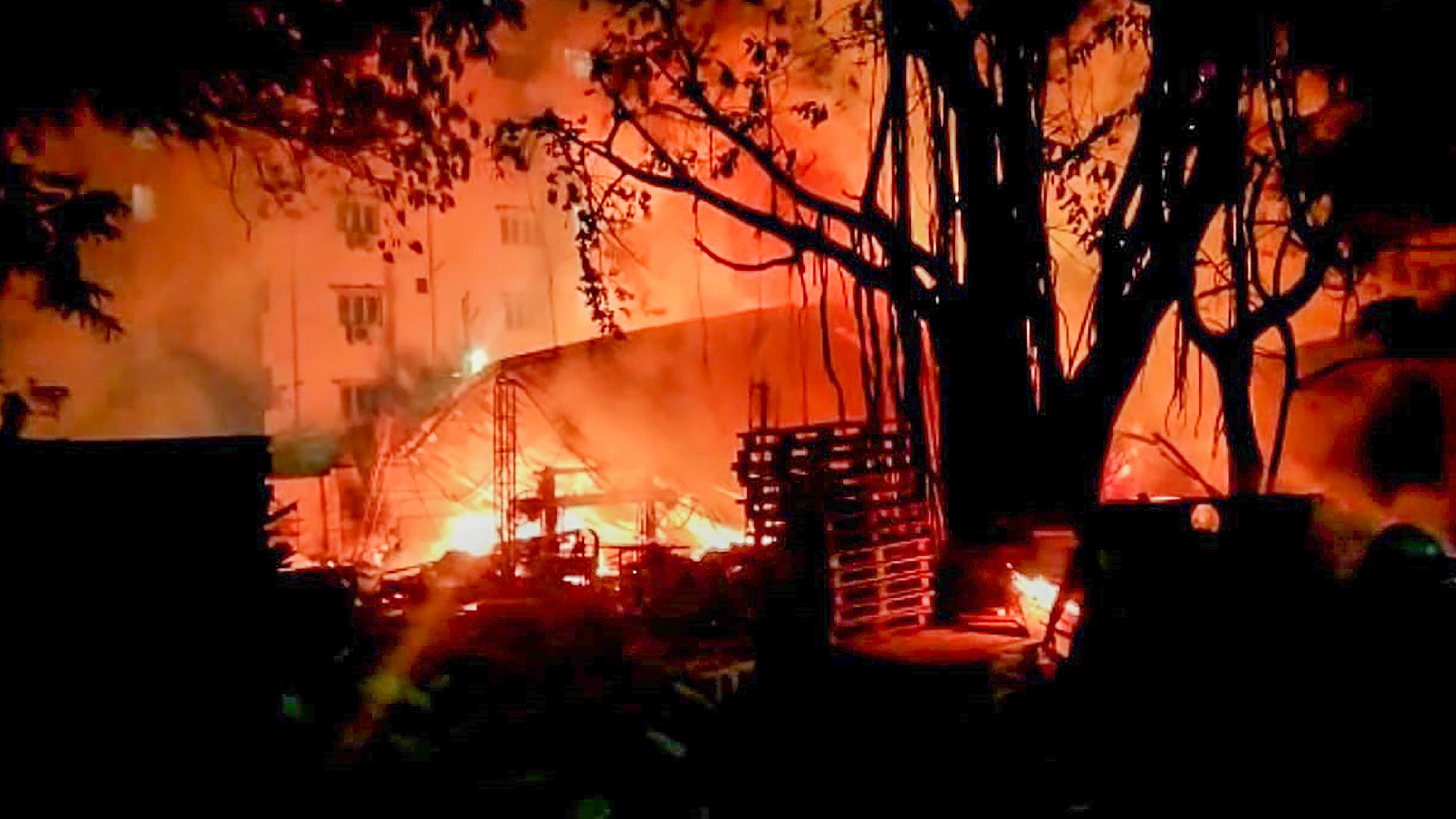 Hyderabad: A fire breaks out at a timber depot in which three persons of a same family reportedly died of suffocation, in Hyderabad, Sunday, April 16, 2023. Credit: PTI Photo