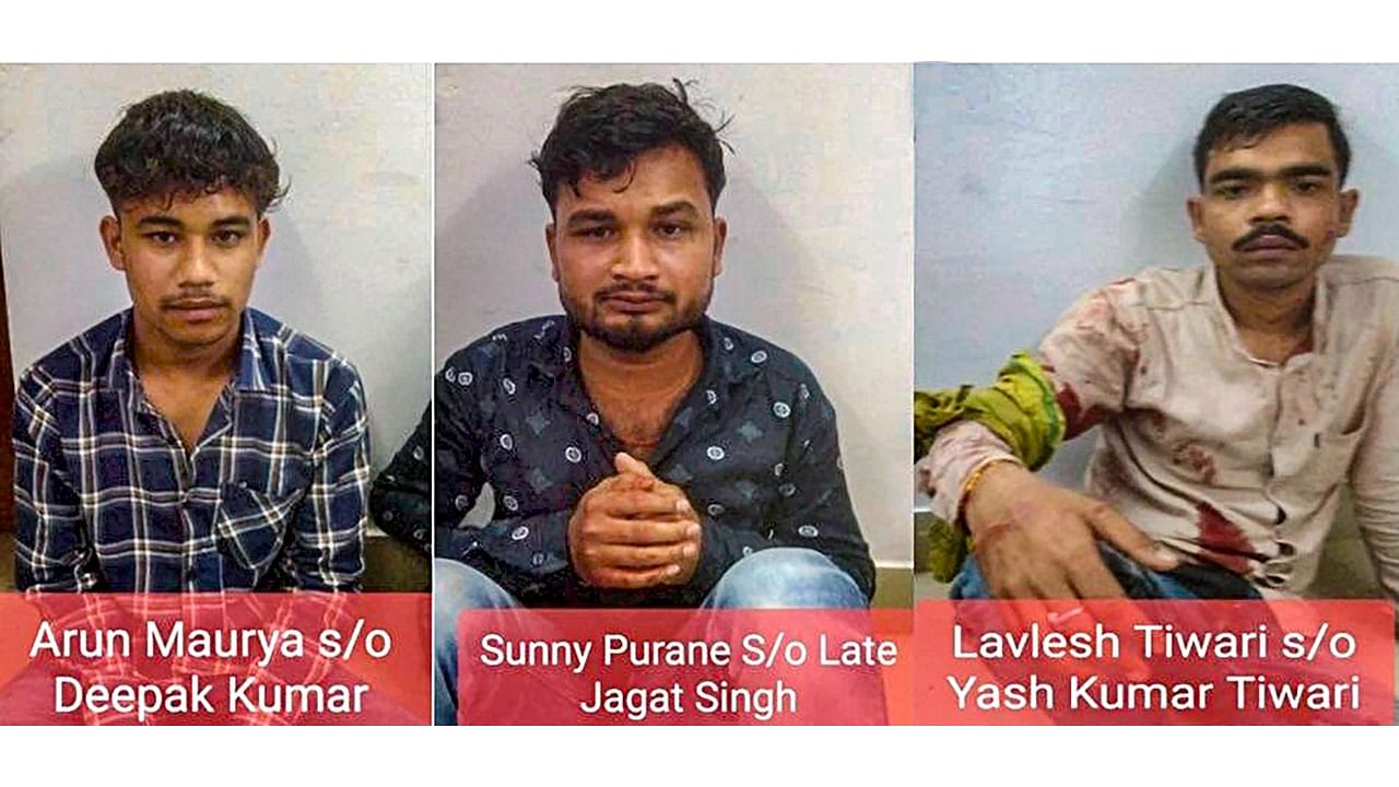 Combo photo of three men; (L-R) Arun Maurya, Sunny Purane and Lavlesh Tiwari, who opened fire at gangster-turned-politician Atiq Ahmed and his brother Ashraf while they were being taken for a medical checkup in Prayagraj. Credit: PTI Photo