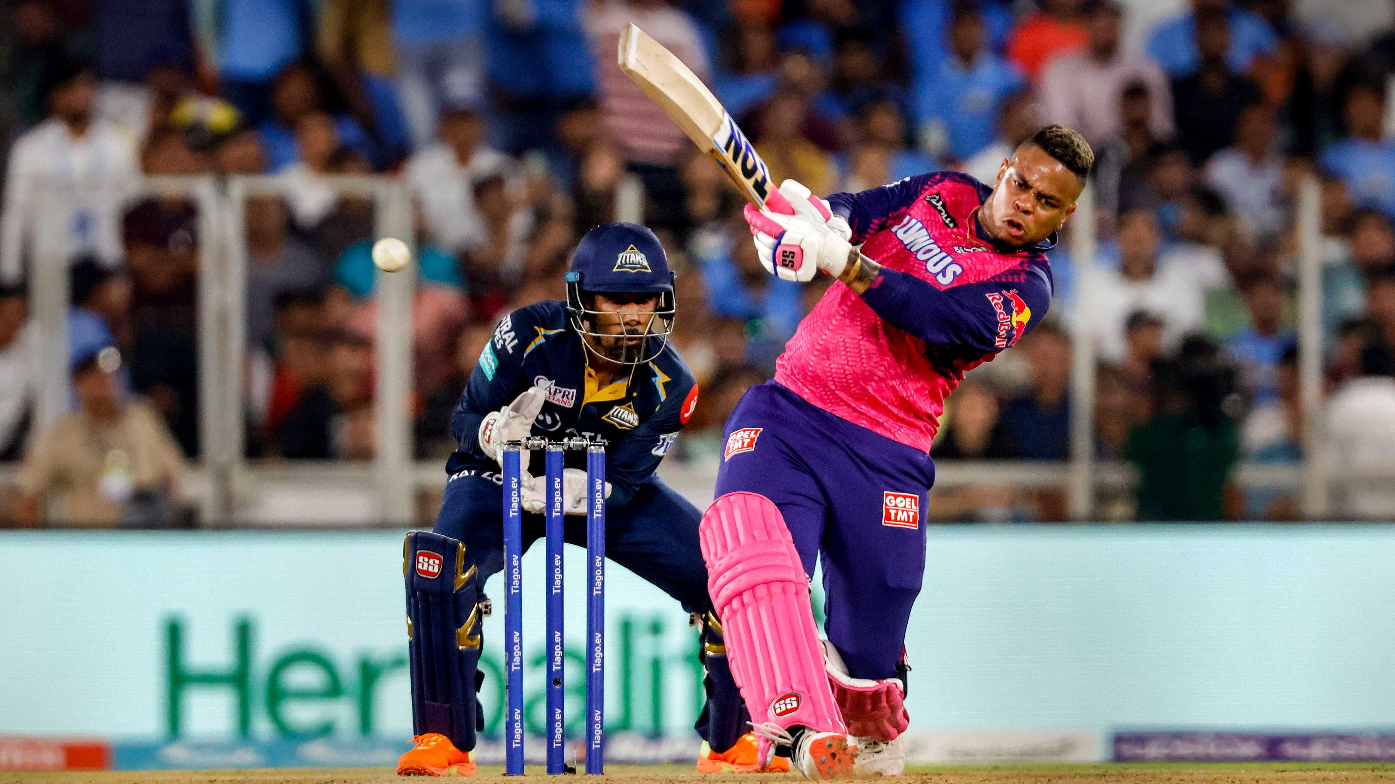 Rajasthan Royals batter Shimron Hetmyer plays a shot during the IPL 2023 cricket match between Gujarat Titans and Rajasthan Royals. Credit: PTI Photo