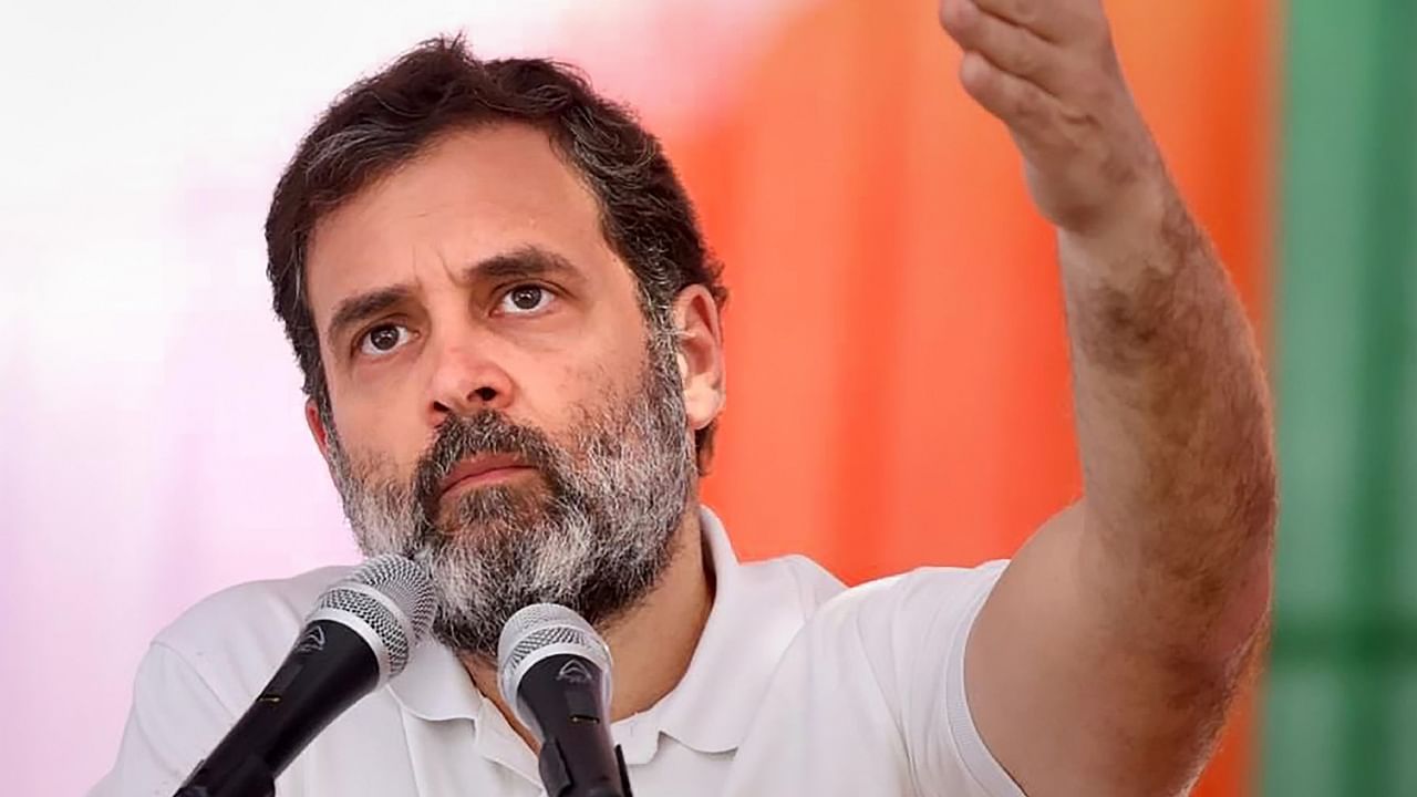 Congress leader Rahul Gandhi addresses a public meeting ahead of Karnataka assembly elections, at Humnabad in Bidar district, Monday, April 17, 2023. Credit: PTI Photo