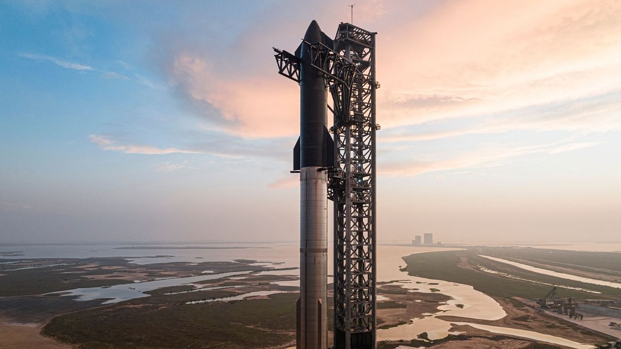 The Starship spacecraft sits atop the 230-foot tall Super Heavy rocket from Starbase in Boca Chica, Texas on April 15, 2023. Credit: SpaceX / AFP Photo