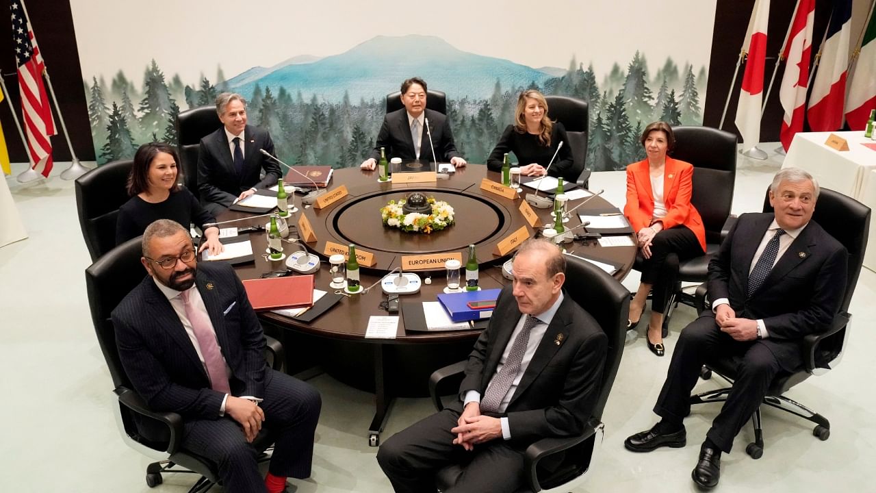 Japan’s Foreign Minister Yoshimasa Hayashi, Canadian Foreign Minister Melanie Joly, French Foreign Minister Catherine Colonna, Italy's Foreign Minister Antonio Tajani, Deputy Secretary-General of the European External Action Service (EEAS) Enrique Mora, British Foreign Secretary James Cleverly, German Foreign Minister Annalena Baerbock and US Secretary of State Antony Blinken pose for a photo at the start of the first working session of a G7 Foreign ministers’ meeting, Japan. Credit: Reuters Photo