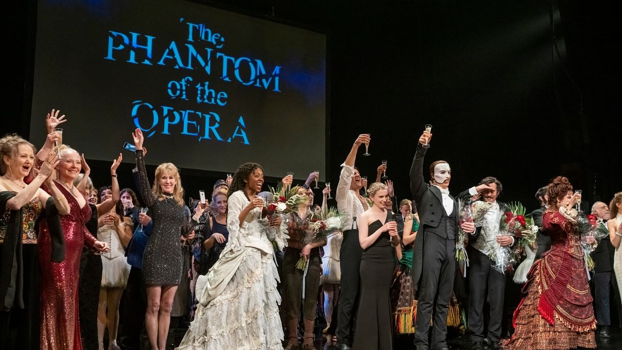 'The Phantom of the Opera' cast appear at the curtain call following the final Broadway performance at the Majestic Theatre on Sunday, April 16, 2023, in New York. Credit: AP/PTI Photo