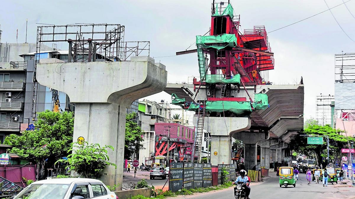 The 2.5-km Ejipura flyover, which is to connect Sony World Junction with Kendriya Sadan in Koramangala, was supposed to be completed in November 2019. Credit: DH File Photo
