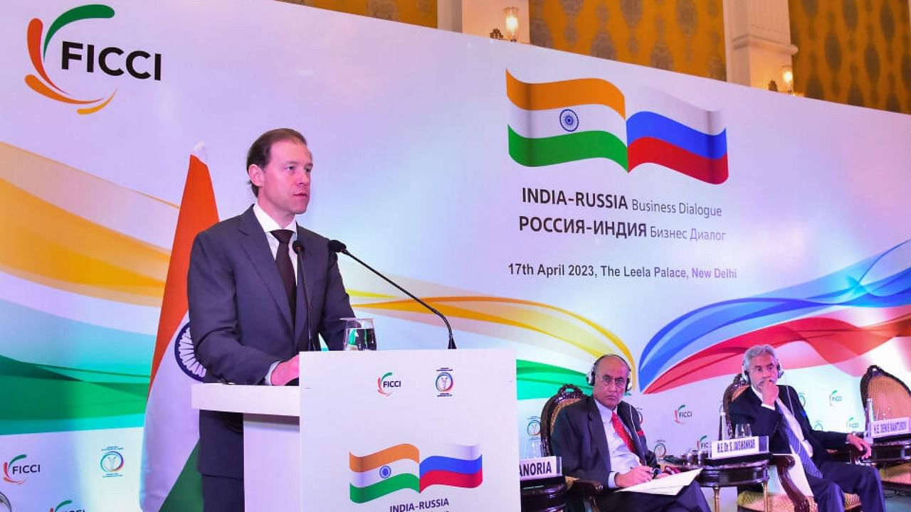 Russia's Deputy PM and Minister for Industry and Trade Denis Manturov addresses during the India-Russia Business Dialogue in New Delhi. Credit: PTI Photo