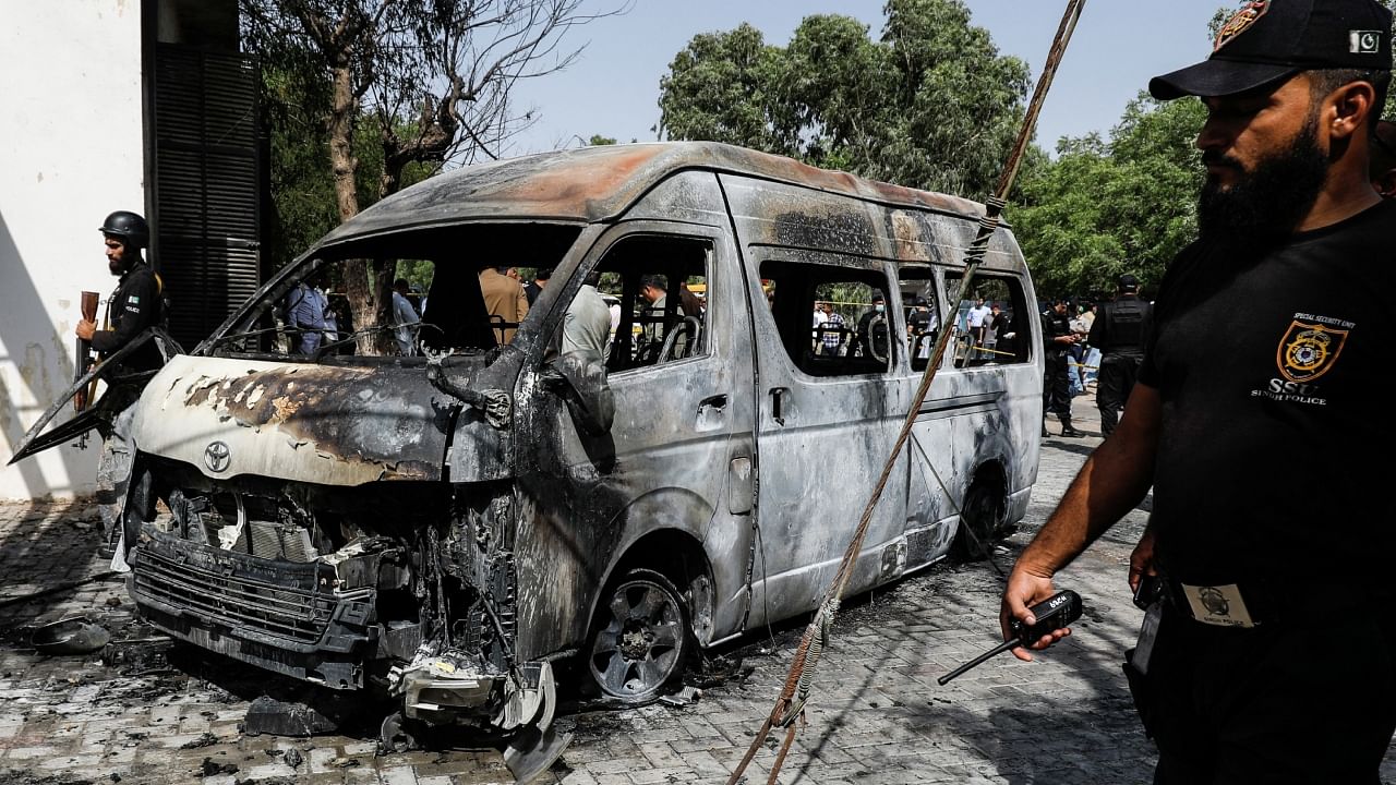 The blast site at the entrance of the Confucius Institute at the University of Karachi, Pakistan, April 26, 2022. Credit: Reuters File Photo