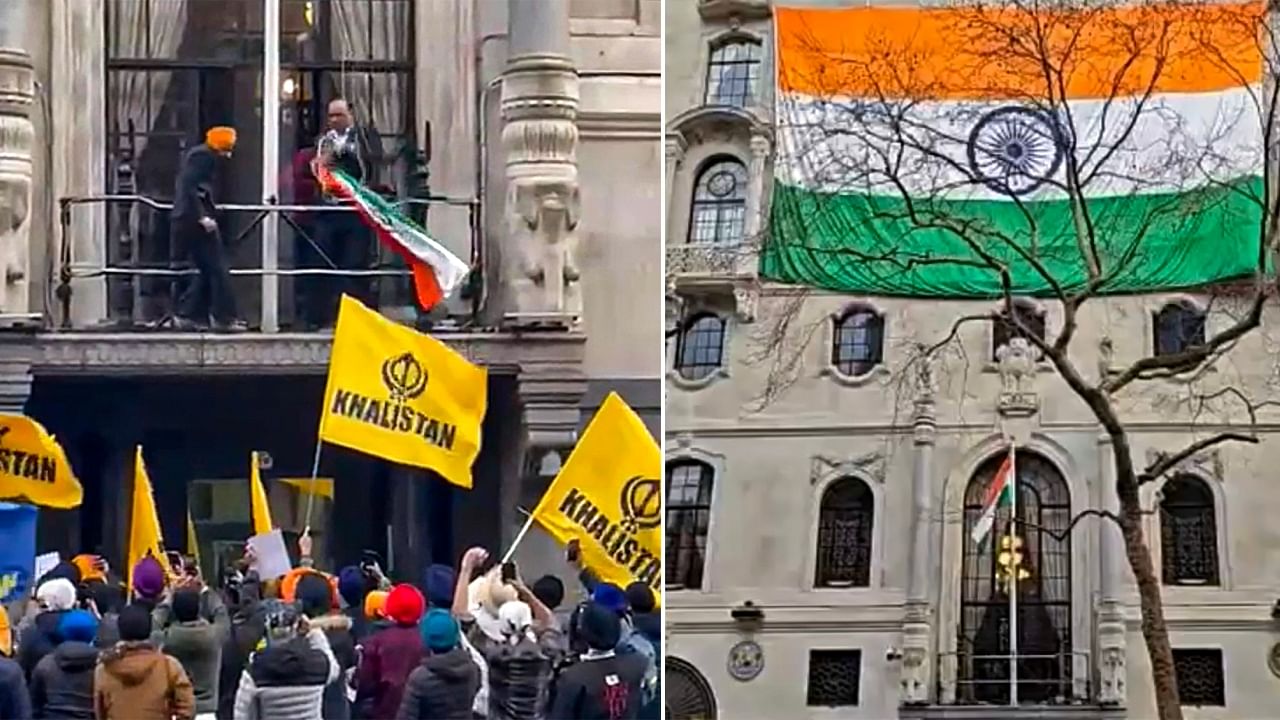 Indian national flag hoisted at the Indian High Commission (left), a protester attempts to grab the tricolour in London, UK. Credit: PTI Photos