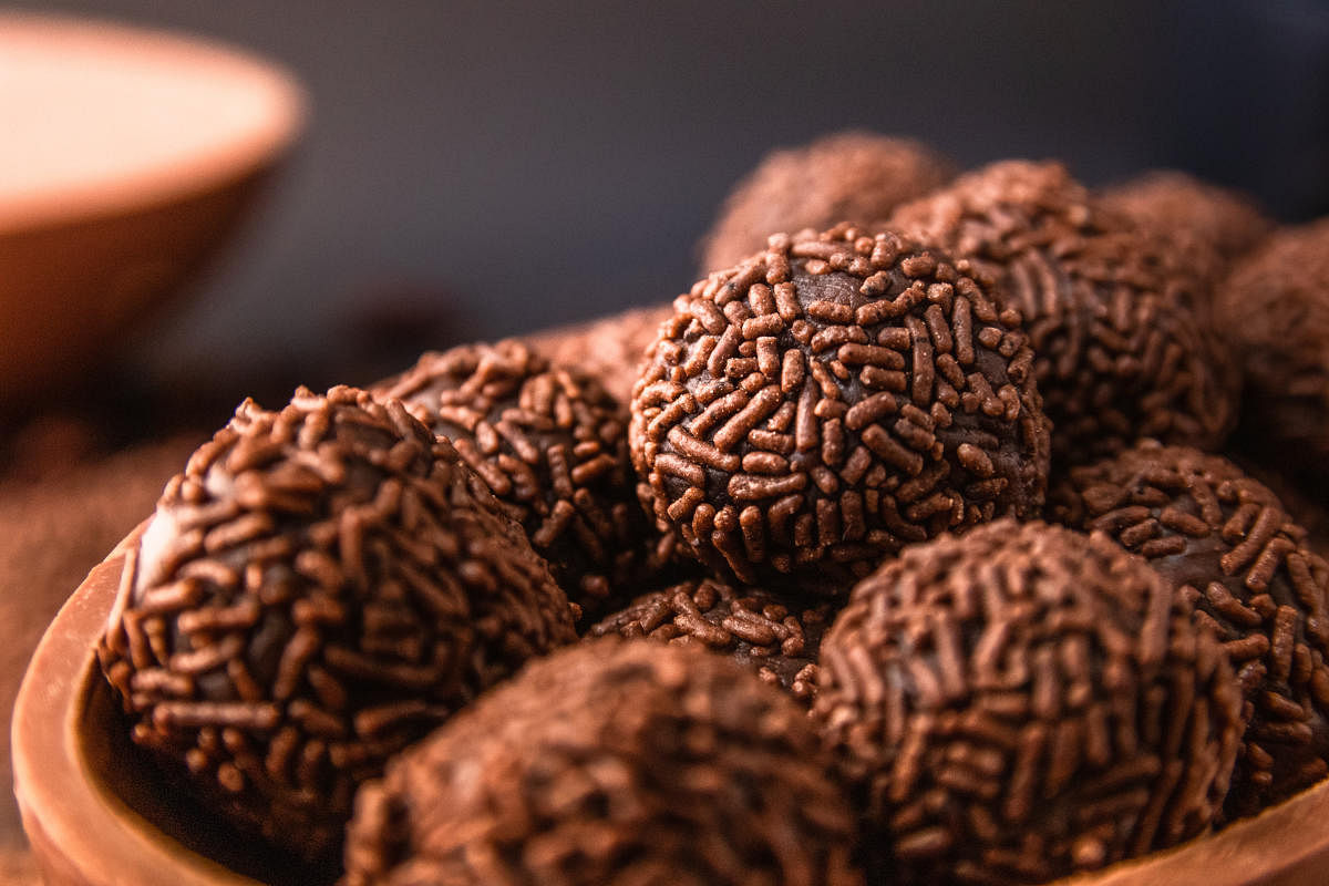 Chocolate Easter Egg filled with brigadeiro (brigadier), Goumert egg chocolate tradition in Brazil. Top View