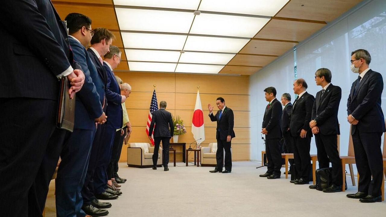 Japan’s PM Fumio Kishida (centre R) and US Secretary of State Antony Blinken (centre L) attend a meeting at the Kantei in Tokyo. Credit: AFP Photo