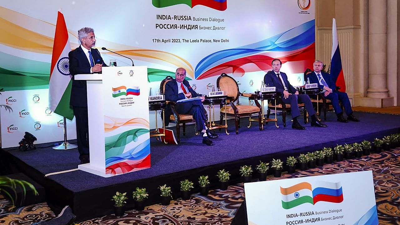 External Affairs Minister S. Jaishankar addresses the India-Russia Business Dialogue 2023, in New Delhi, Monday, April 17, 2023. Credit: PTI Photo