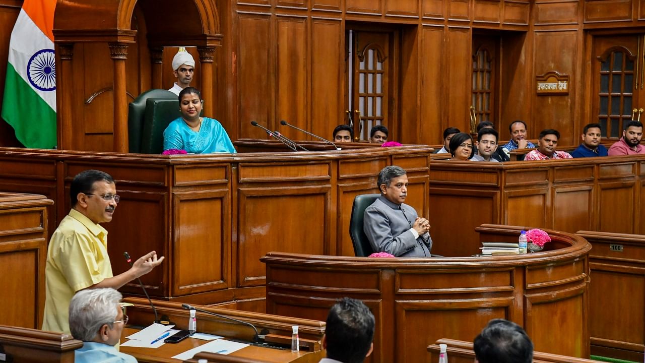 New Delhi: Delhi Chief Minister Arvind Kejriwal speaks in the assembly during its special session. Credit: PTI Photo