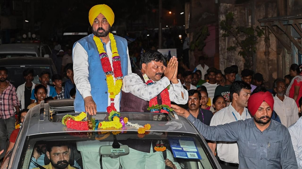 Punjab Chief Minister Bhagwant Mann during a roadshow for the Karnataka Assembly elections, in Hubballi. Credit: PTI Photo