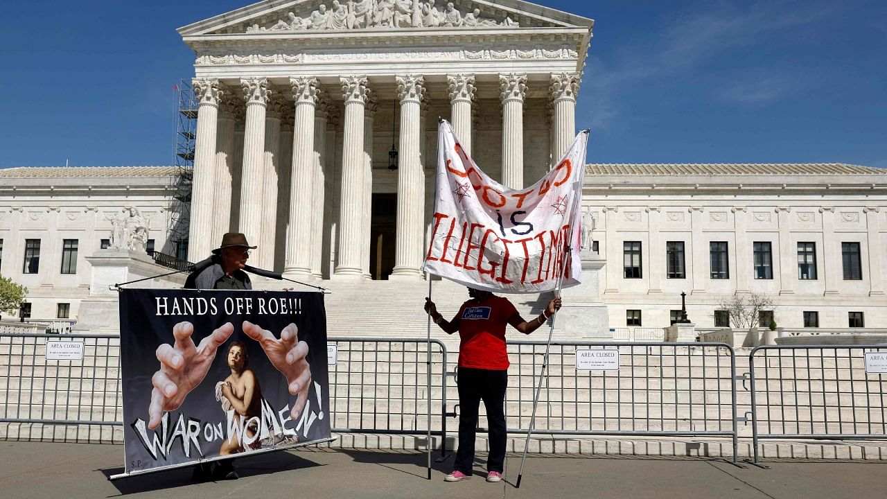 Abortion rights activists hold up signs outside the US Supreme Court Building on April 19, 2023. Credit: Getty Images/AFP Photo