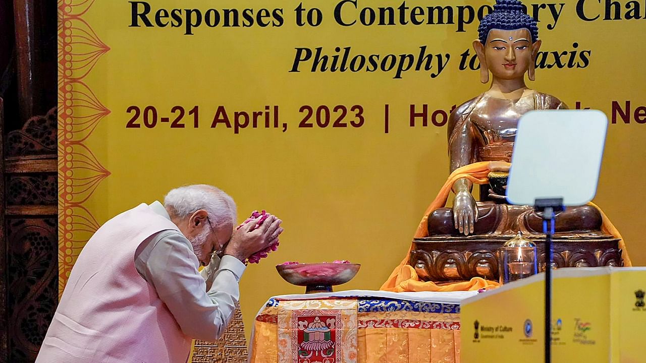 Prime Minister Narendra Modi during the inauguration of Global Buddhist Summit 2023. Credit: PTI Photo