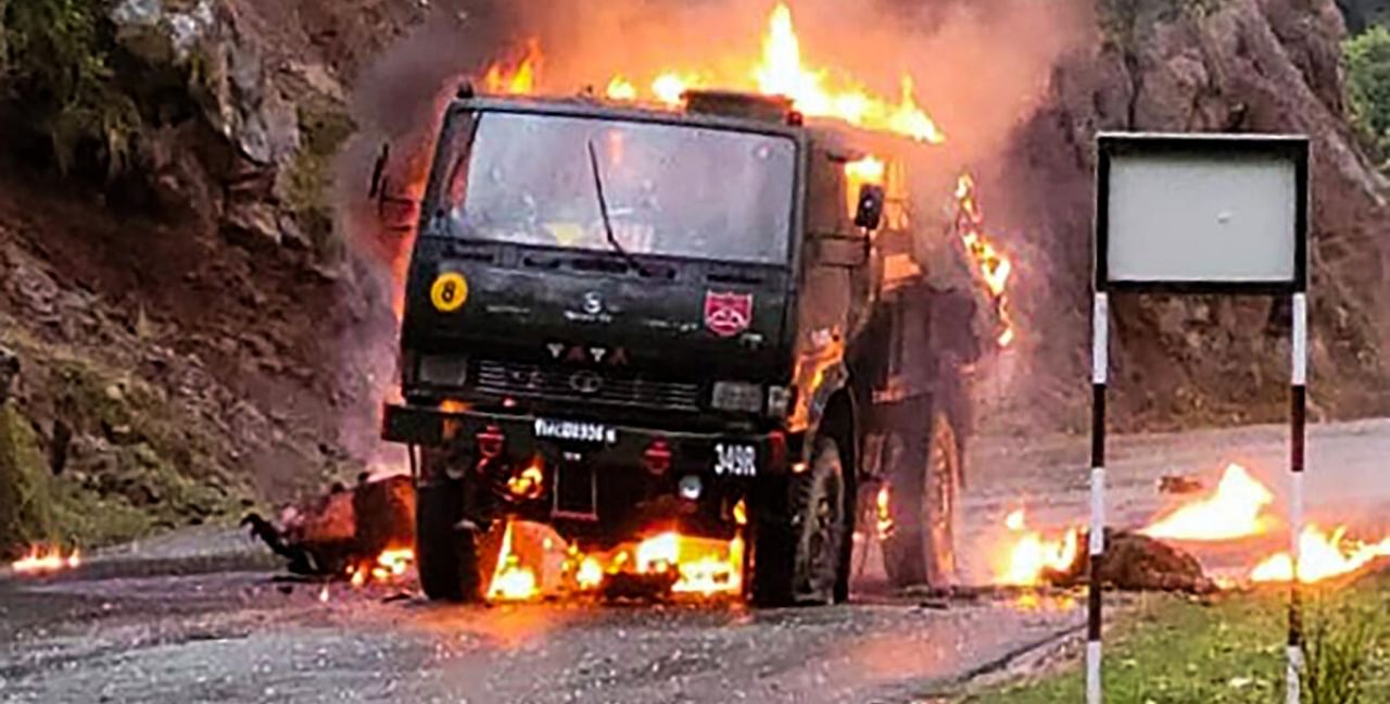 Poonch: An army vehicle in flames after a terror attack in Mendhar in Poonch district, Thursday, April 20, 2023. Five soldiers died and another was seriously injured in the strike. Credit: PTI Photo