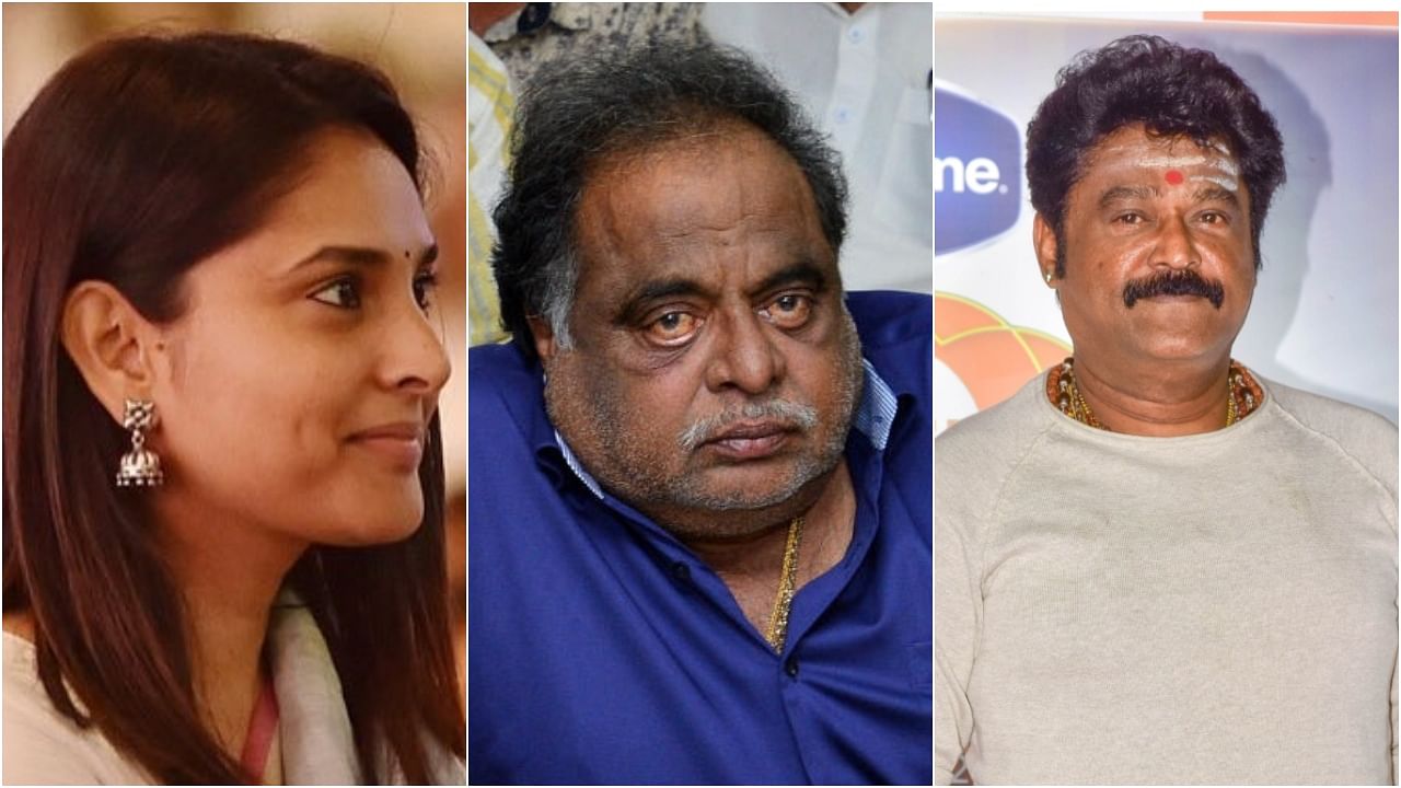 Ramya, Ambareesh and Jaggesh. Credit: Twitter/@divyaspandana, DH File Photo