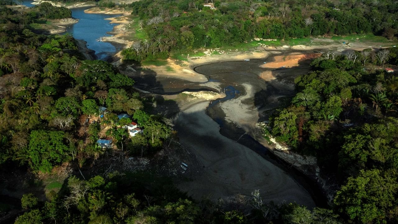 Aerial view of Lake Alhajuela during the summer drought, in the Colon province of Panama, on April 21, 2023. Credit: AFP Photo