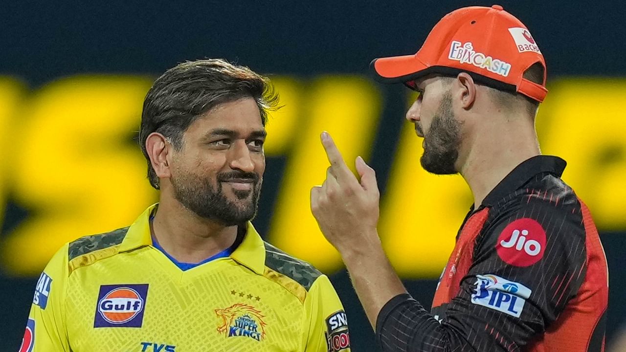 Skippers of Chennai Super Kings MS Dhoni and Sunrisers Hyderabad Aiden Markram before the start of the IPL 2023 cricket match between Chennai Super Kings and Sunrisers Hyderabad. Credit: PTI Photo