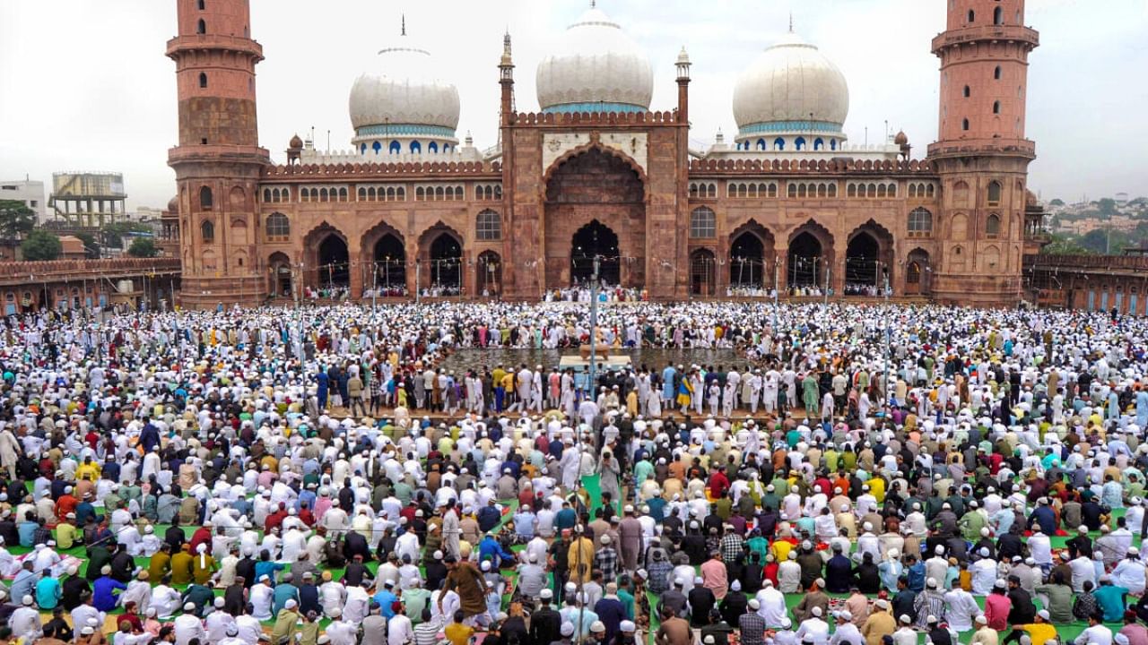 Muslim devotees offer prayers during the Eid-ul-Fitr festival, at Taj-ul-Masajid in Bhopal, Saturday, April 22, 2023. Credit: PTI Photo