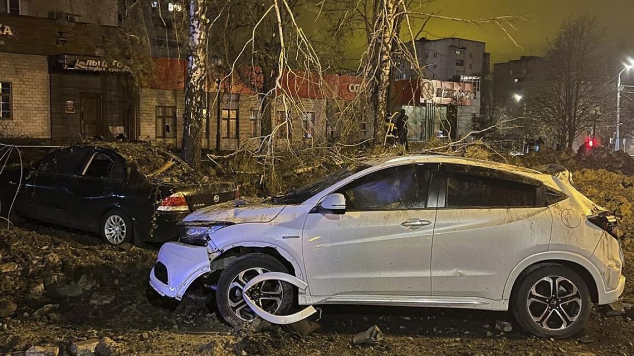 This handout photo released by Telegram Channel of Belgorod Region Governor Vyacheslav Gladkov shows the site of the crater after an explosion in Belgorod, Russia. credit: AFP Photo