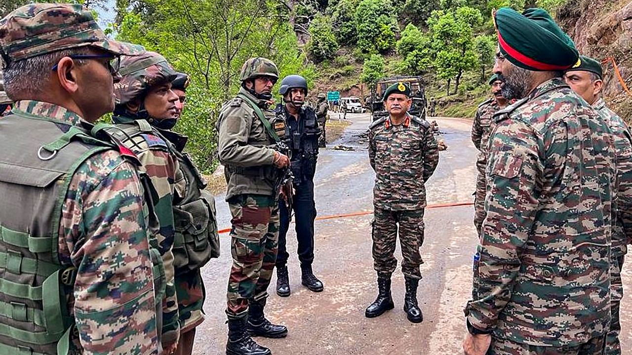 Army Commander Northern Command Lt General Upendra Dwivedi at the site of Thursday's terror attack in which five army personnel were killed, in Bhata Dhurian area of Poonch. Credit: PTI Photo