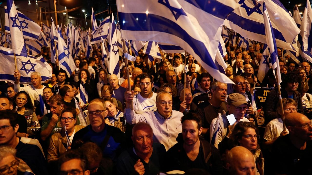 People demonstrate against Israeli Prime Minister Benjamin Netanyahu and his nationalist coalition government's judicial overhaul, in Tel Aviv, Israel April 22, 2023. Credit: Reuters Photo