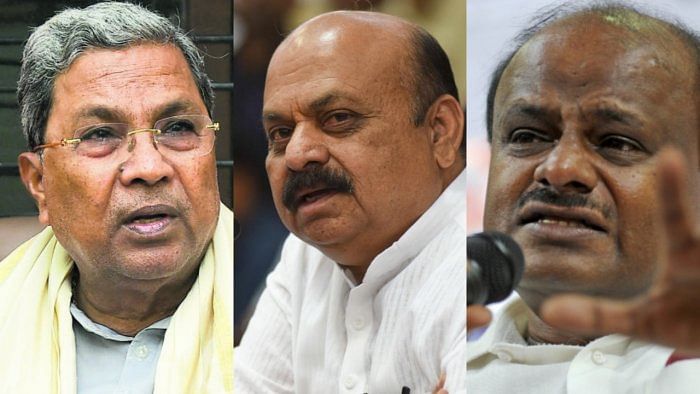 (From L-R) Karnataka Leader of Opposition Siddaramaiah, Chief Minister Basavaraj Bommai and JD(S) leader H D Kumaraswamy. Credit: DH Photos