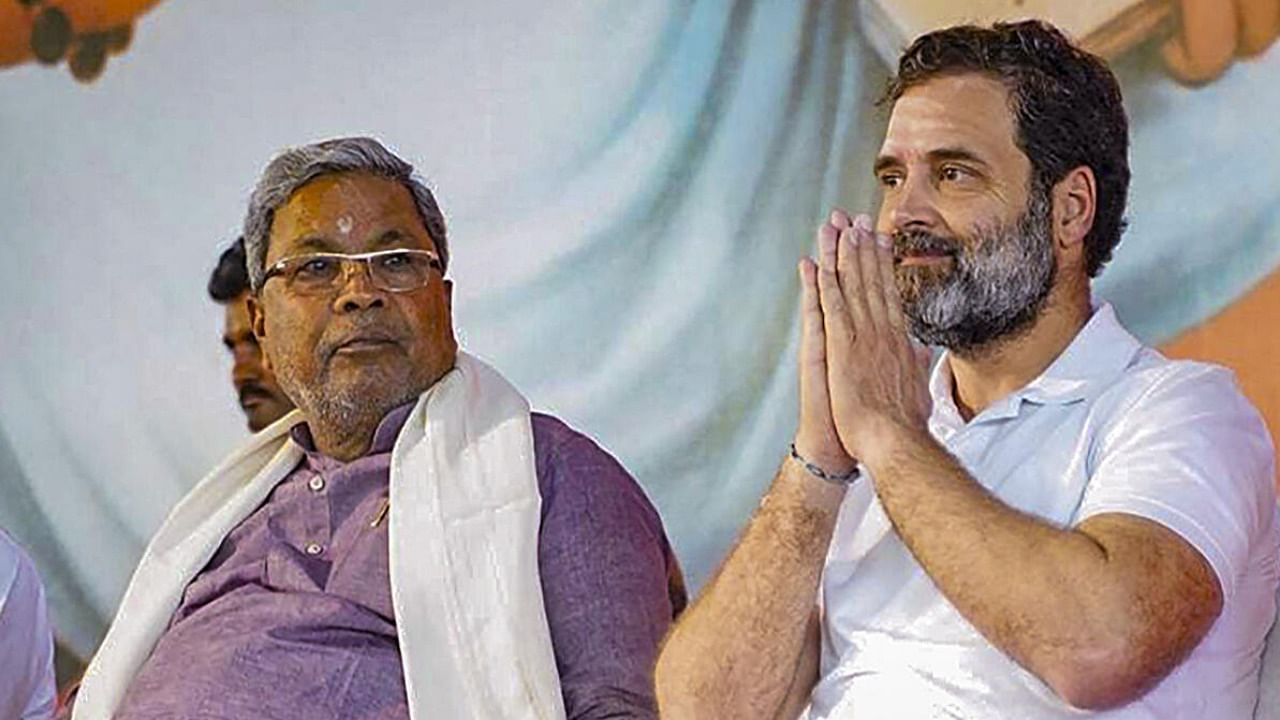 Rahul Gandhi with Siddaramaiah during Basava Jayanti, in Kudalasangama. Credit: PTI Photo