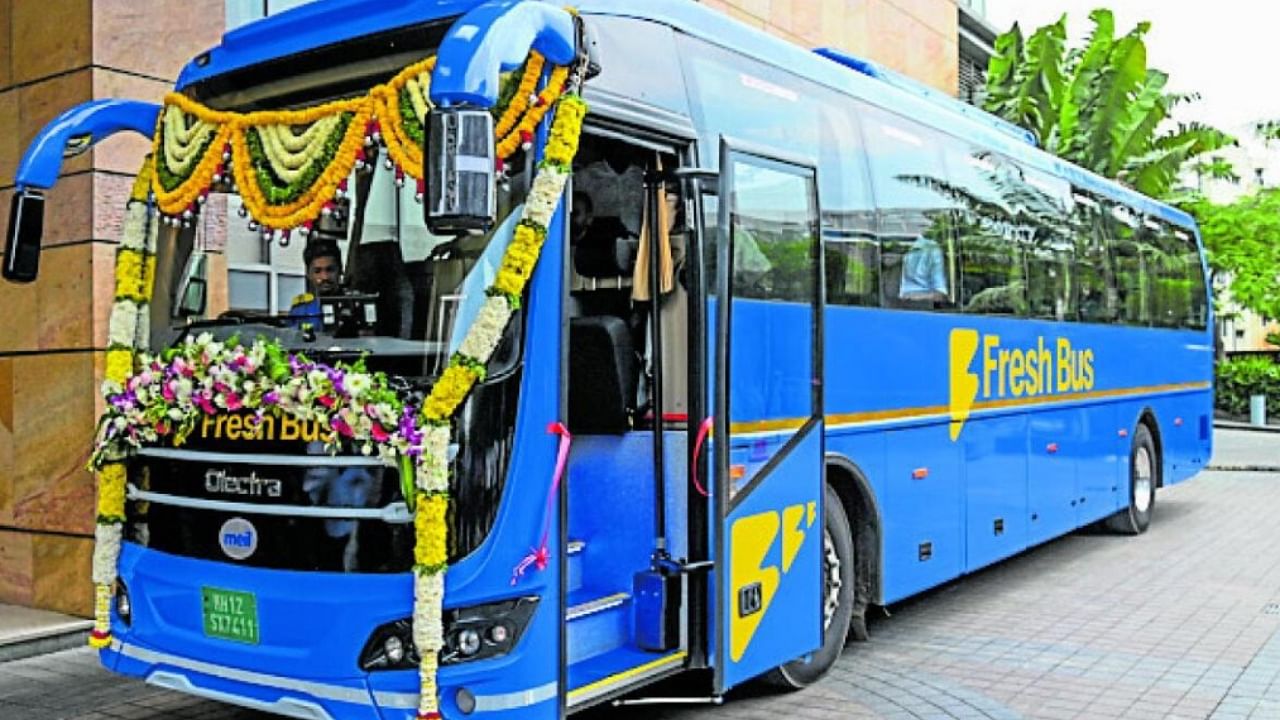 ‘Fresh Bus’ launched its first electric fleet on the Bengaluru-Tirupati route on Sunday. DH Photo/S K Dinesh