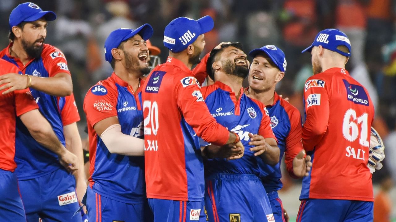 Delhi Capitals players celebrate after winning their IPL 2023 cricket match against Sunrisers Hyderabad. Credit: PTI Photo