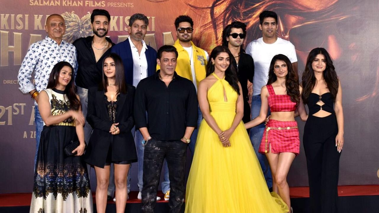 Actors Salman Khan, Bhumika Chawla, Pooja Hedge and others during the trailer launch of 'Kisi Ka Bhai Kisi Ki Jaan', in Mumbai. Credit: PTI File Photo