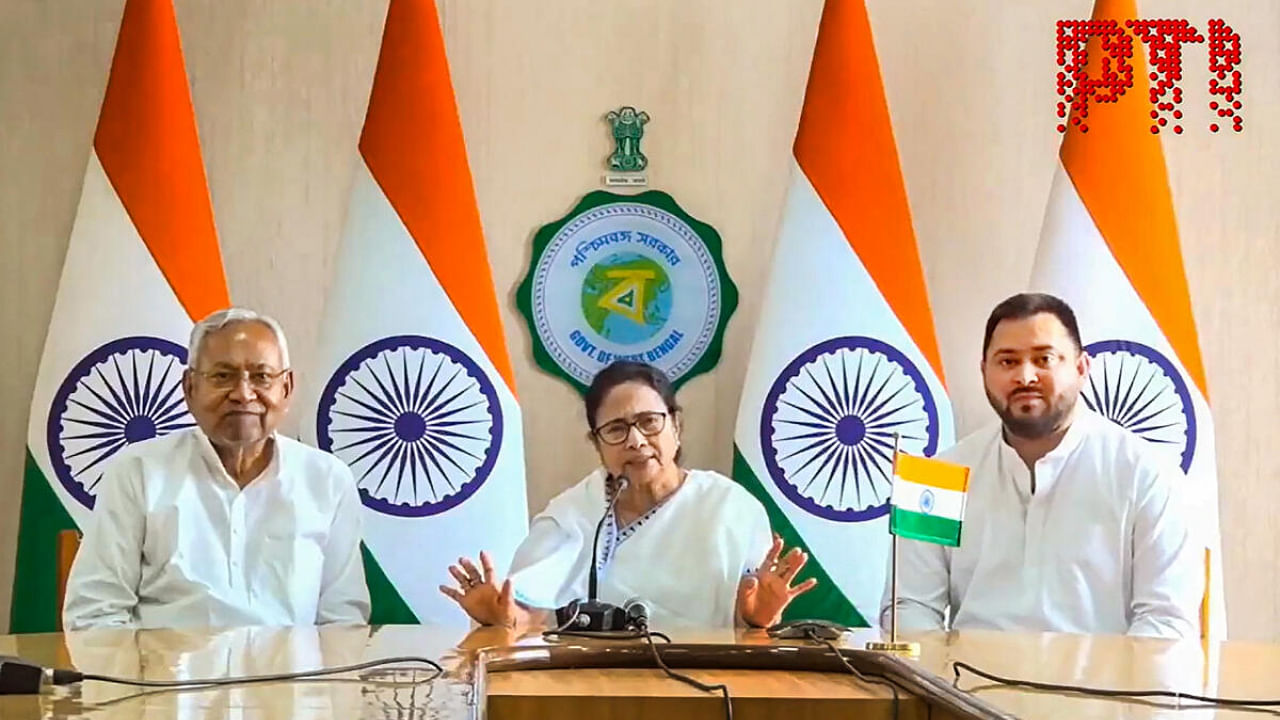 West Bengal Chief Minister Mamata Banerjee with Bihar Chief Minister Nitish Kumar and Bihar Deputy Chief Minister Tejashwi Yadav during a joint press conference after their meeting, in Kolkata. Credit: PTI Photo