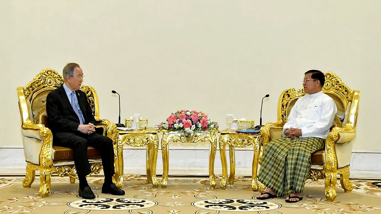 This handout photograph taken on April 24, 2023 and released by the Myanmar Military Information Team shows Myanmar junta chief Min Aung Hlaing (R) meeting with former United Nations chief Ban Ki-moon (L), in Nay Pyi Taw. Credit: AFP Handout