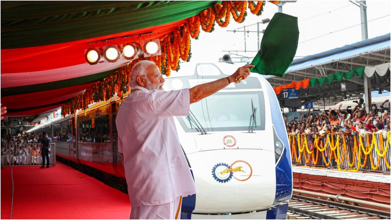 Prime Minister Narendra Modi flags off Kerala's first Vande Bharat Express, in Thiruvananthapuram. Credit: PTI Photo