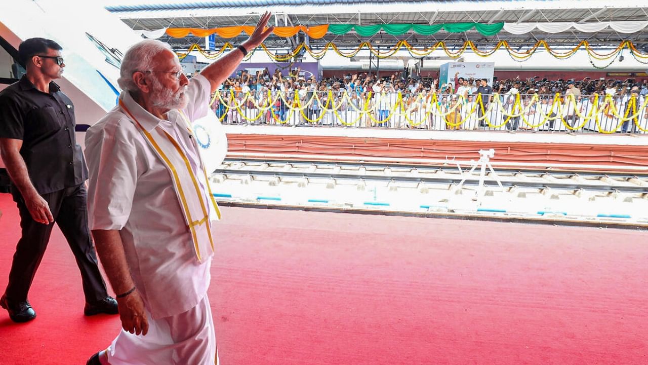 Prime Minister Narendra Modi at the flagging off ceremony of Kerala’s first Vande Bharat Express between Thiruvananthapuram and Kasargod, at Thiruvananthapuram Central Station, Tuesday, April 25, 2023. Credit: PTI Photo