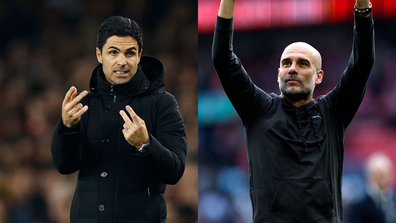 Arsenal manager Mikel Arteta (L) and Manchester City manager Pep Guardiola. Credit: Reuters Photos