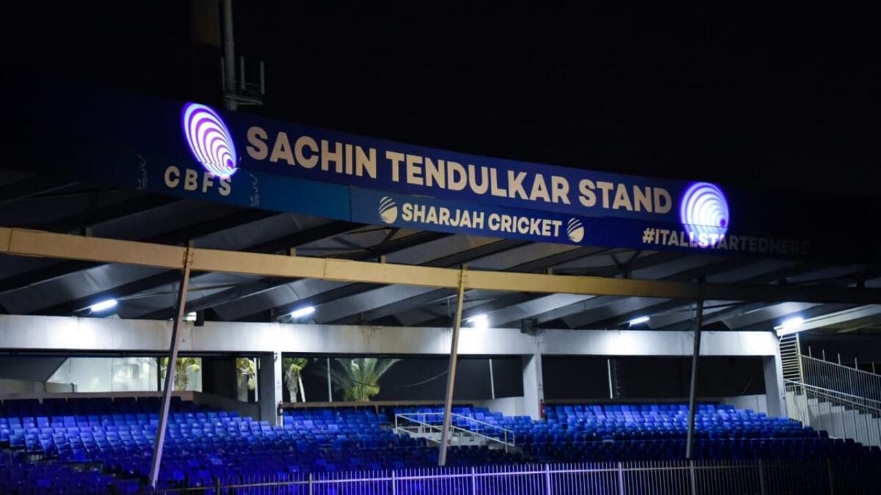 West Stand at the Sharjah Cricket Stadium after it was renamed 'Sachin Tendulkar Stand' on the cricketer's 50th birthday, in Dubai. Credit: PTI Photo