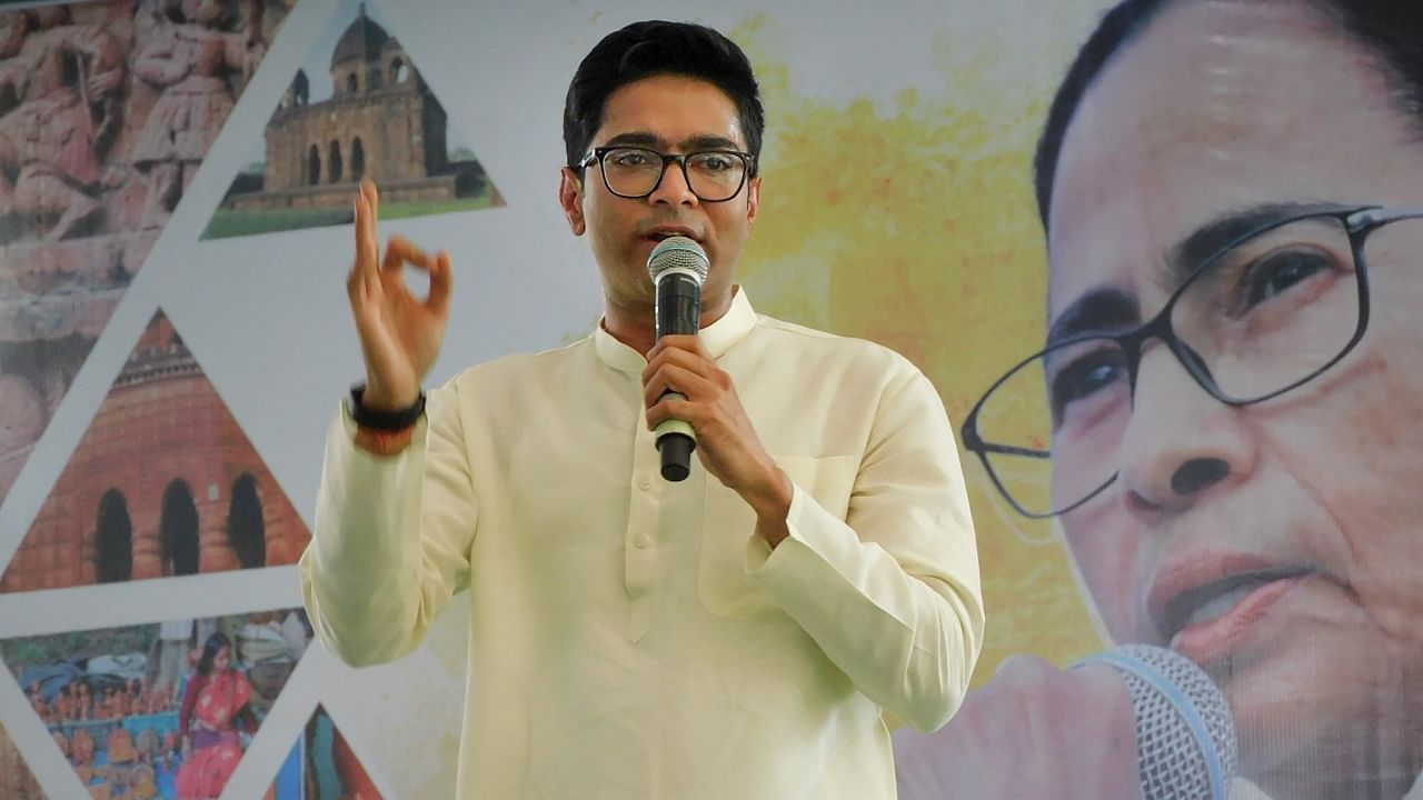 Trinamool Congress MP Abhishek Banerjee speaks during a public rally in Bankura district, April 12, 2023. Credit: PTI Photo