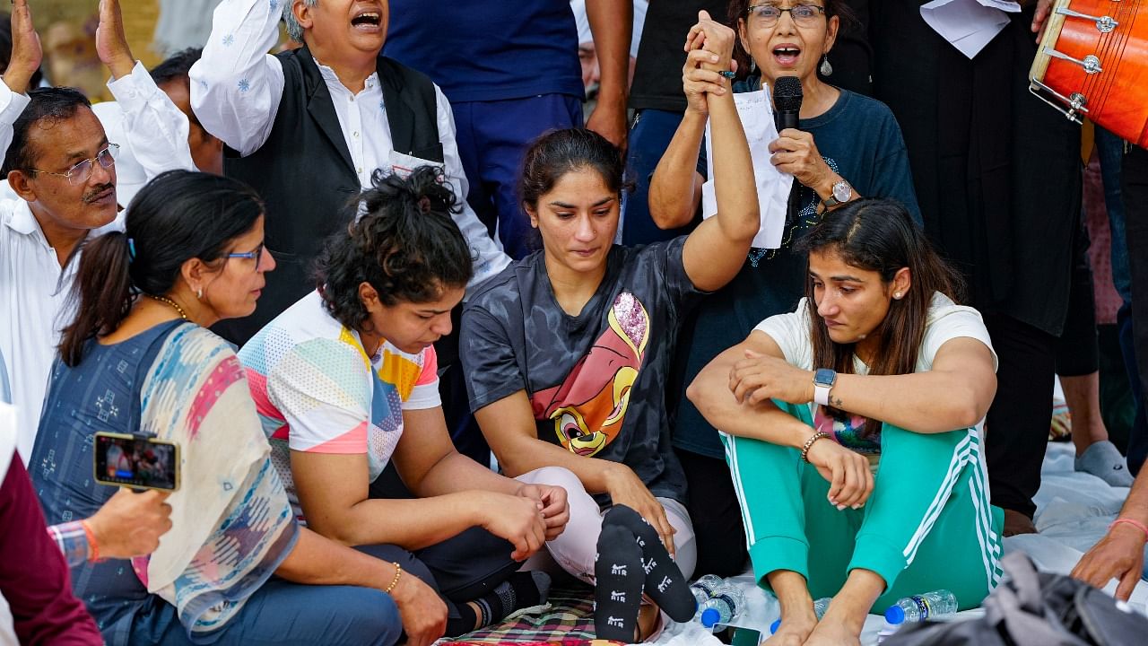 Wrestlers protest at Jantar Mantar. Credit: PTI Photo