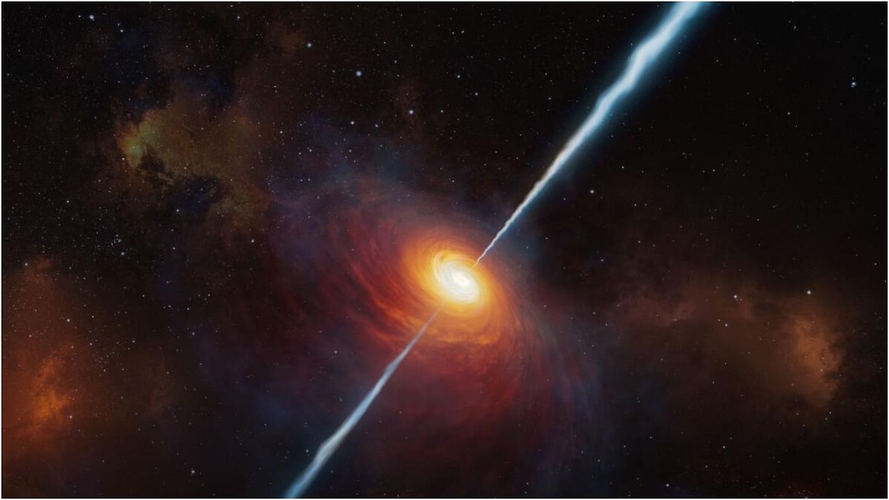  This handout photo made available by the European Southern Observatory on March 5, 2021 shows an artist's impression of how the distant quasar P172+18 and its radio jets may have looked. - Astronomers said on April 26, 2023 that for the first time they have confirmed what ignites quasars, the brightest and most powerful objects in the universe, which put galaxies in their "death throes". These celestial behemoths form when two galaxies smash into each other, the astronomers said. Credit: AFP Photo