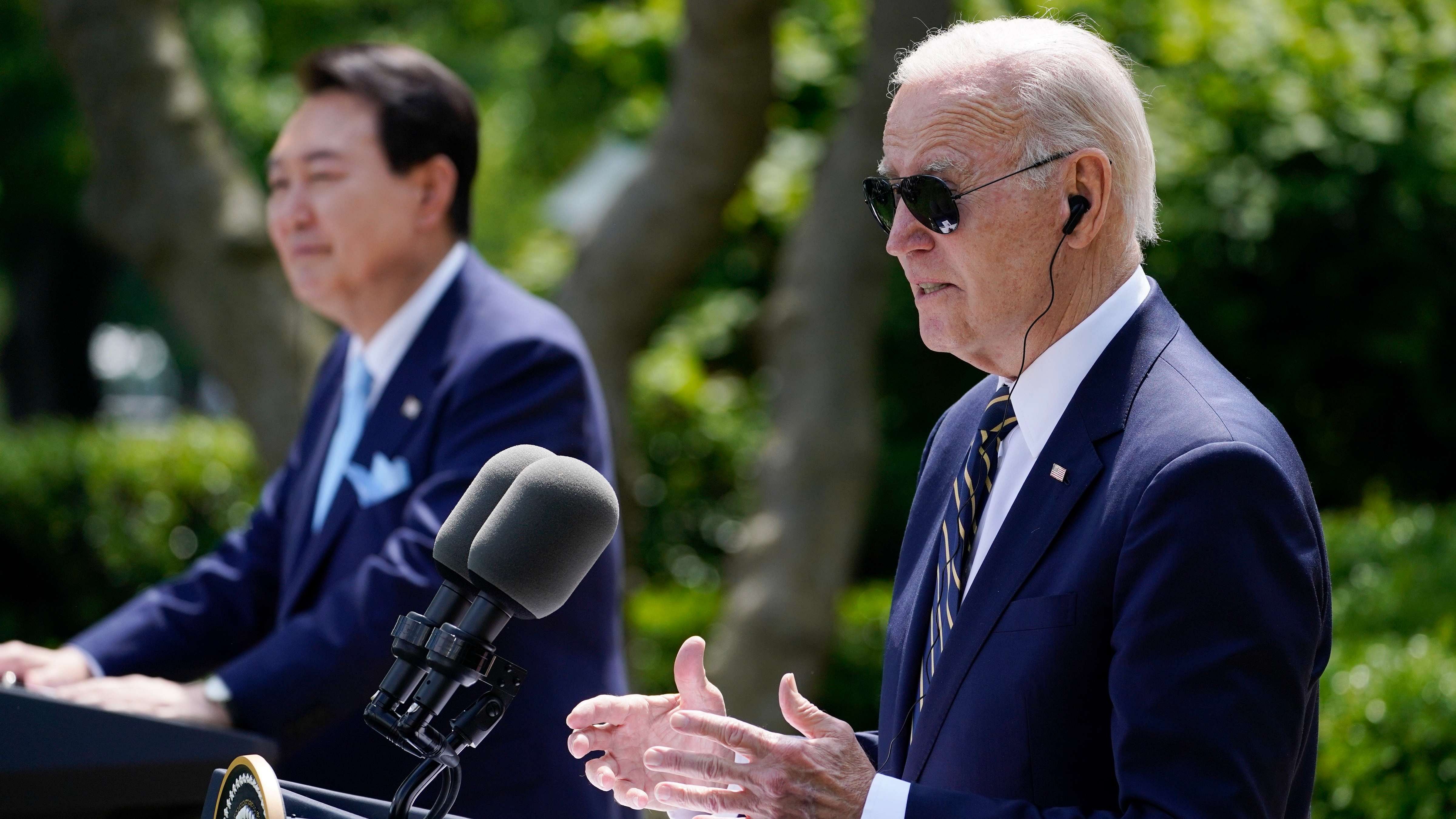 South Korea's President Yoon Suk Yeol listens as President Joe Biden speaks during a news conference. Credit: AP/PTI Photo